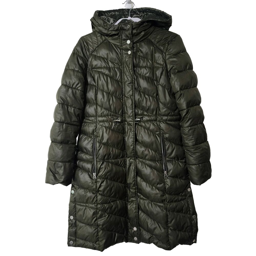 Andrew Marc NY Women's Hooded Quilted Puffer Coat Olive Green Poly Size M
